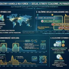 Infografika o godzinach handlu na Forex, sesjach, strefach czasowych i płynności. Pokazuje strukturę rynku 24h, główne sesje i ich nakładanie się, płynność i zmienność sesyjną oraz kluczowe czynniki czasowe i ryzyka.