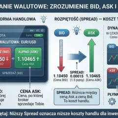 Ilustracja wyjaśnia notowania walutowe, pokazując platformę handlową z cenami BID i ASK, oraz spread jako koszt transakcji. Niższy spread oznacza niższe koszty dla inwestora.
