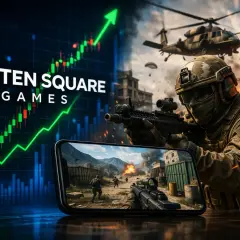 Ten Square Games akcje rosną! Widok żołnierza z karabinem i helikopter w tle, a na ekranie telefonu dynamiczna gra akcji.