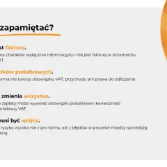 Grafika przedstawia listę punktów z zaznaczonymi na pomarańczowo kluczowymi informacjami o pro formach.