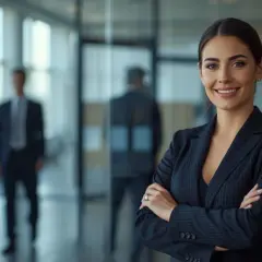 Uśmiechnięta bizneswoman w garniturze, symbol profesjonalizmu i **compliance**. W tle mężczyźni w biurze.