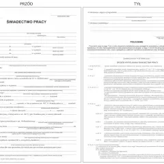 Świadectwo pracy z danymi pracownika, okresem zatrudnienia i informacjami o urlopach.