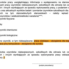 Formularz skierowania na badania lekarskie, uwzględniający czynniki szkodliwe, takie jak praca siedząca obciążająca kręgosłup i praca przy komputerze obciążająca wzrok.