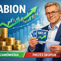 Mabion: prezes skupuje akcje, stosy złotych monet i wykres wzrostu.