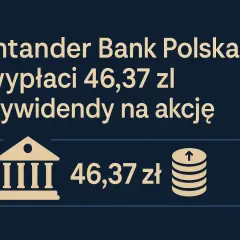 Santander Bank Polska wypłaci 46,37 zł dywidendy na akcje. Ikona banku i stos monet symbolizują zysk z akcji.