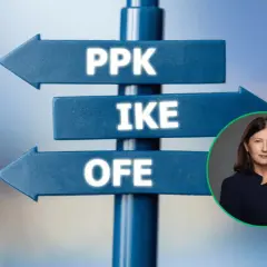 Znak drogowy z opcjami PPK, IKE, OFE i kobieta. Zmiana pracy to dobry moment na przemyślenie PPK.