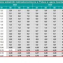 Tabela z prognozami makroekonomicznymi dla Polski. Widoczne kursy EURPLN i USDPLN, które mogą wpłynąć na kurs dolara.