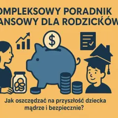 Grafika ilustruje oszczędzanie dla dziecka: skarbonka, słoik z monetami, wykres wzrostu, dziecko w czapce absolwenta.