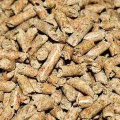 Zbliżenie na stos drobnych, cylindrycznych granulek drewna. Wygląda na to, że brakuje pelletu do ogrzewania domu.