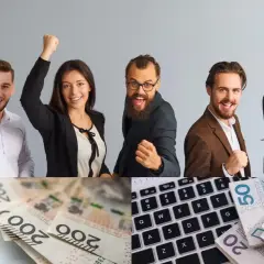 Zespół świętuje sukces, a na dole widać polskie banknoty i klawiaturę – symbol dofinansowania na otwarcie firmy.