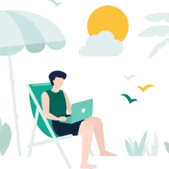 Mężczyzna pracuje na laptopie pod parasolem plażowym, marząc o wakacjach ZUS 2026. Palmy i słońce tworzą tropikalny klimat.