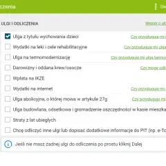 Ulga na 2 dzieci zaznaczona. Dostępne inne odliczenia, np. na internet czy rehabilitację.