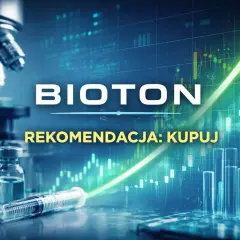 Bioton notowania: rekomendacja kupuj. Wzrosty na wykresach giełdowych, strzykawka i fiolki sugerują sukcesy firmy.
