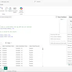 Widok zapytania DAX w Power BI. Widać kod DAX, wyniki zapytania i menu kontekstowe z opcjami, np. "Quick queries".