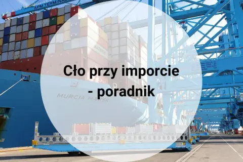 Kontenerowiec w porcie, dźwigi i wózek do przewozu kontenerów. Poradnik o tym, jak zapłacić cło przy imporcie.