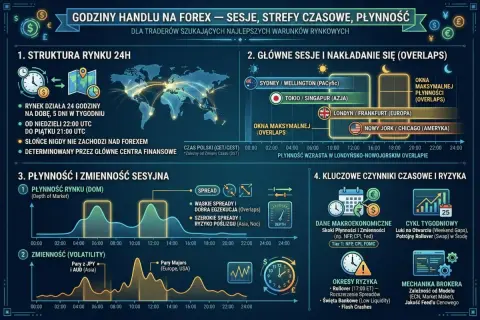 Infografika o godzinach handlu na Forex, sesjach, strefach czasowych i płynności. Pokazuje strukturę rynku 24h, główne sesje i ich nakładanie się, płynność i zmienność sesyjną oraz kluczowe czynniki czasowe i ryzyka.