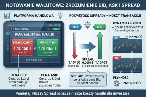 Ilustracja wyjaśnia notowania walutowe, pokazując platformę handlową z cenami BID i ASK, oraz spread jako koszt transakcji. Niższy spread oznacza niższe koszty dla inwestora.