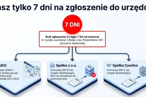 Wybór formy prawnej (JDG, Sp. z o.o., Sp. cywilna) wpływa na zgłoszenia do urzędów. Pamiętaj o terminach, by uniknąć problemów z VAT i grzywną. Prowadzenie **konto firmowe** wymaga uwagi.