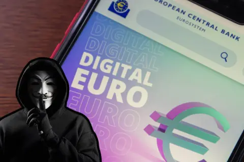 Tajemnicza postać w masce Guy Fawkesa szepcze o cyfrowym euro, nowej formie CBDC.