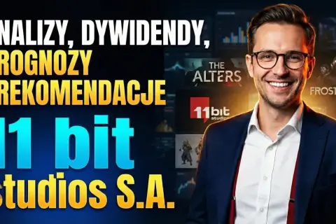 Analizy, prognozy i rekomendacje dotyczące akcji 11 bit studios S.A. Mężczyzna w garniturze uśmiecha się na tle gier studia.