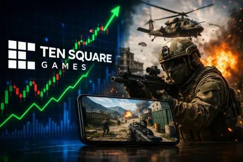 Ten Square Games akcje rosną! Widok żołnierza z karabinem i helikopter w tle, a na ekranie telefonu dynamiczna gra akcji.
