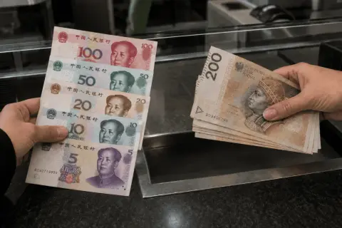 Ręka trzyma stos banknotów chińskiej waluty: 100, 50, 20, 10 i 5 juanów. Druga ręka podaje polskie banknoty 200 złotych.
