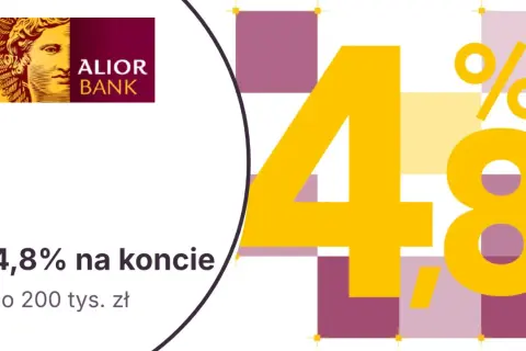 Alior Bank lokaty: 4,8% na koncie do 200 tys. zł. Duża, żółta czwórka i ósemka z procentem.