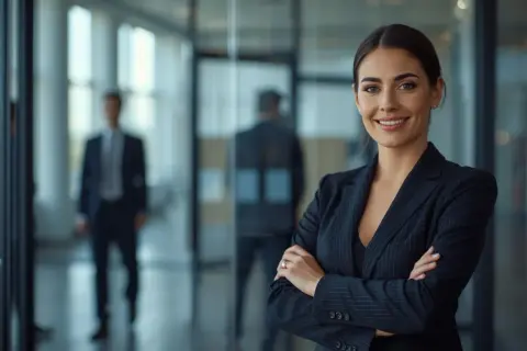 Uśmiechnięta bizneswoman w garniturze, symbol profesjonalizmu i **compliance**. W tle mężczyźni w biurze.