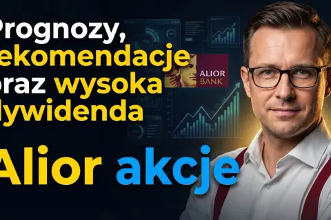 Mężczyzna w okularach na tle wykresów i logo Alior Banku. Tekst: "Prognozy, rekomendacje, dywidenda, Alior akcje".
