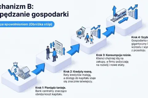 Bank centralny obniża stopy, co napędza gospodarkę: tanie kredyty, wzrost konsumpcji i inwestycji, a w efekcie ożywienie.