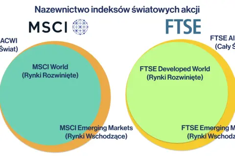 Porównanie indeksów MSCI World i FTSE. Diagram przedstawia podział rynków rozwiniętych i wschodzących w ramach globalnych indeksów akcji.