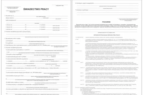 Świadectwo pracy z danymi pracownika, okresem zatrudnienia i informacjami o urlopach.