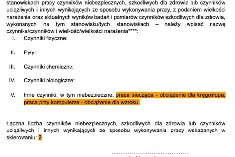 Formularz skierowania na badania lekarskie, uwzględniający czynniki szkodliwe, takie jak praca siedząca obciążająca kręgosłup i praca przy komputerze obciążająca wzrok.