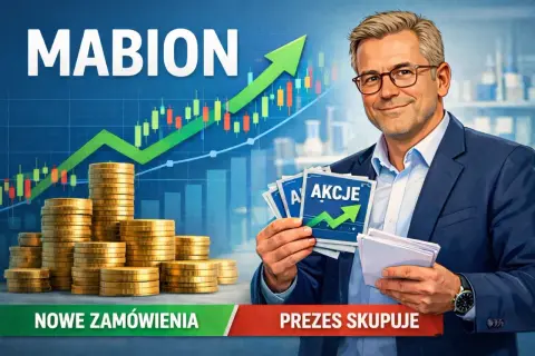 Mabion: prezes skupuje akcje, stosy złotych monet i wykres wzrostu.