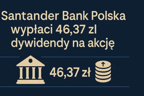 Santander Bank Polska wypłaci 46,37 zł dywidendy na akcje. Ikona banku i stos monet symbolizują zysk z akcji.