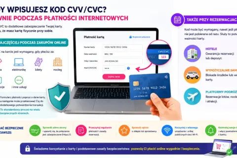 Karta z numerem i polem na kod CVV/CVC, używanym do bezpiecznych płatności online i rezerwacji.