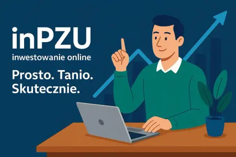 Mężczyzna z laptopem, wskazujący palcem na wykres wzrostu. inPZU: inwestowanie online, prosto, tanio, skutecznie. TFI co to? To proste!