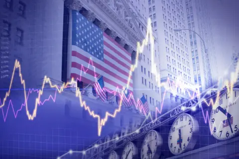 Skarbiec top brands na Wall Street. Flagi USA, wykresy giełdowe i zegary symbolizują globalny handel i inwestycje.