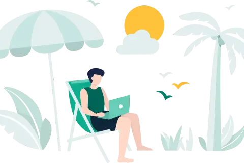 Mężczyzna pracuje na laptopie pod parasolem plażowym, marząc o wakacjach ZUS 2026. Palmy i słońce tworzą tropikalny klimat.