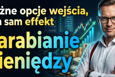 Prospekt z mężczyzną w okularach, wykresami giełdowymi i stosem pieniędzy.