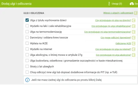 Ulga na 2 dzieci zaznaczona. Dostępne inne odliczenia, np. na internet czy rehabilitację.