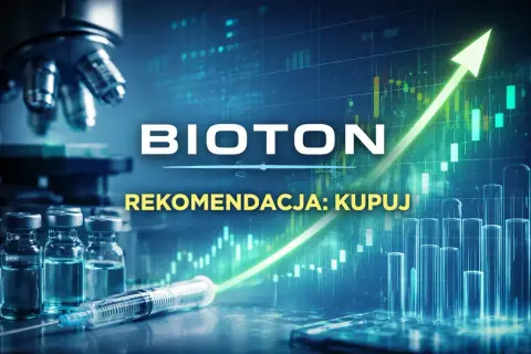 Bioton notowania: rekomendacja kupuj. Wzrosty na wykresach giełdowych, strzykawka i fiolki sugerują sukcesy firmy.
