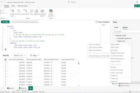 Widok zapytania DAX w Power BI. Widać kod DAX, wyniki zapytania i menu kontekstowe z opcjami, np. "Quick queries".