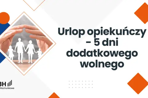 Ręce chroniące papierową rodzinę, symbolizujące urlop opiekuńczy – 5 dni dodatkowego wolnego. Logo RBH Biuro Rachunkowe.