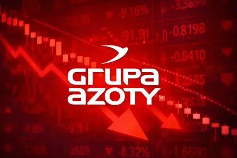 Wykresy giełdowe z czerwonymi spadkami i logo Grupy Azoty. Akcje Azoty na czerwonym tle.