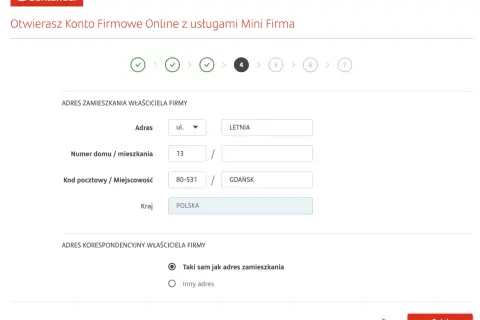 Formularz otwierania Santander konto firmowe. Wpisujesz adres zamieszkania właściciela firmy: ul. Letnia 13, 80-531 Gdańsk, Polska.