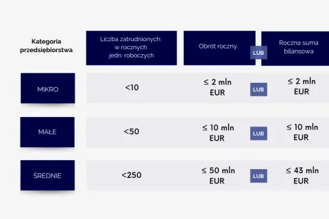 Kryteria podziału mśp: mikro, małe i średnie firmy, z podziałem na liczbę zatrudnionych, obrót roczny lub sumę bilansową.