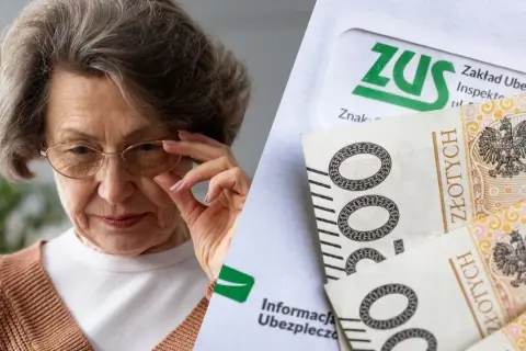 Starsza pani z okularami analizuje dokumenty ZUS i polskie banknoty. Czy to dodatek dopełniający jej emeryturę?
