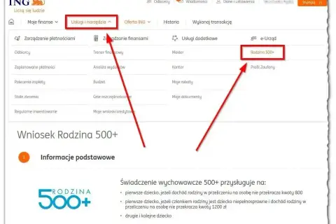 Wniosek Rodzina 500+ w ING. Kliknij "Usługi i narzędzia", a następnie "Rodzina 500+" aby złożyć wniosek.
