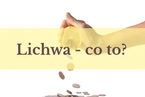 Dłoń wyciska cytrynę, z której spadają monety. Napis "Lichwa - co to?".